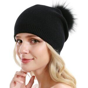 Women Knit Wool Beanie Winter Cashmere Ski Hat with Real Raccoon Fur Pom Pom